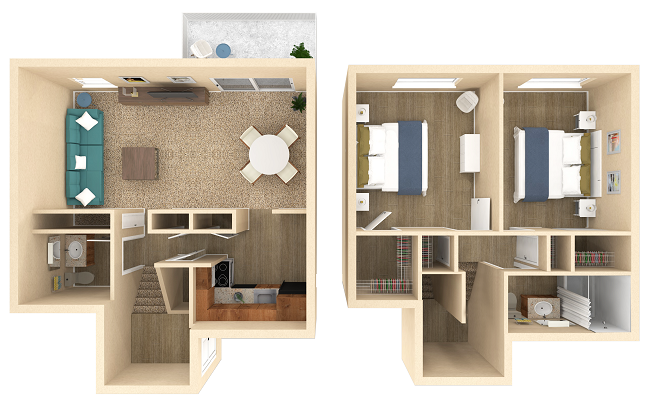 Floor plan for 2 beds, 1.5 baths, 990 sqft